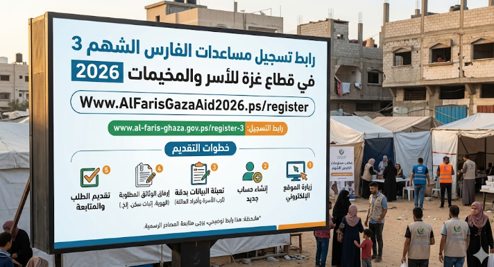 رابط تسجيل مساعدات الفارس الشهم 3 في قطاع غزة وخطوات التقديم للأسر والمخيمات 2026