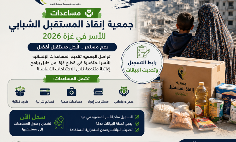 مساعدات جمعية إنقاذ المستقبل الشبابي للأسر في غزة 2026.. رابط التسجيل وتحديث بيانات المستفيدين